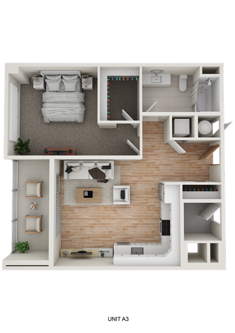 A 3D floor plan of a small apartment with a living room, kitchen, and bedroom.